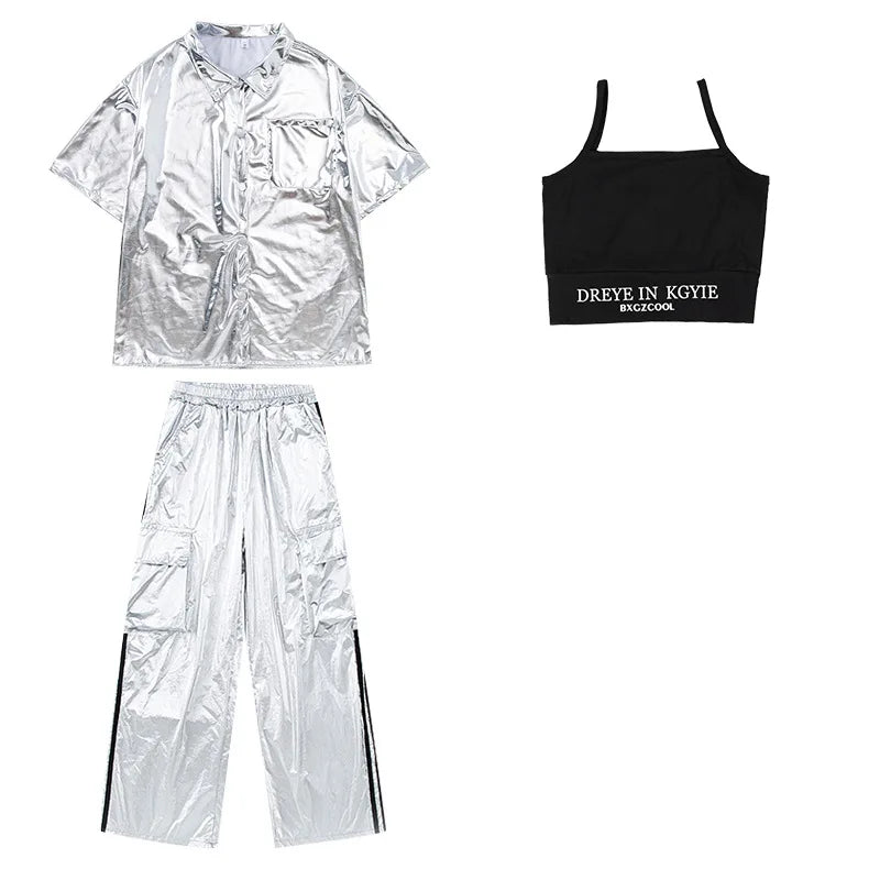 Kids' Silver Metallic Hip Hop Dance Costume Set, Loose Fit Short Sleeve Shirt & Cargo Pants