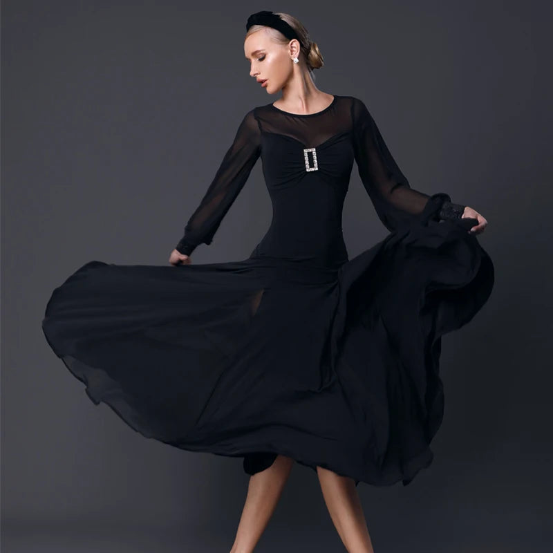 Women's Lavender & Black Sheer Sleeve Ballroom Dance Dress, Mesh & Chiffon, Latin & Standard