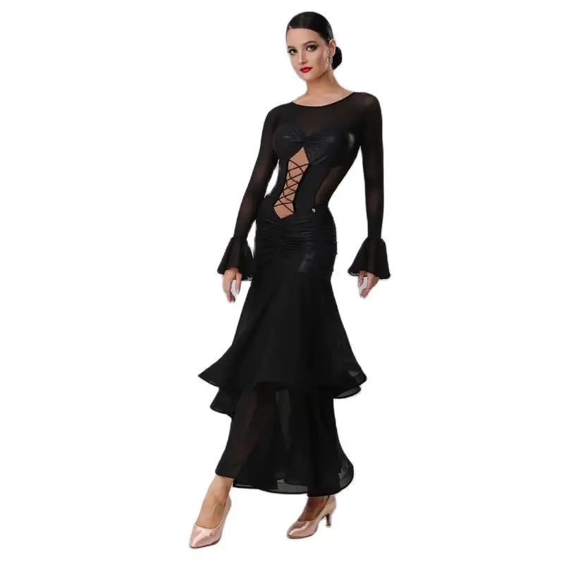 Women's Black Mesh & Faux Leather Lace-Up Ballroom Dance Dress