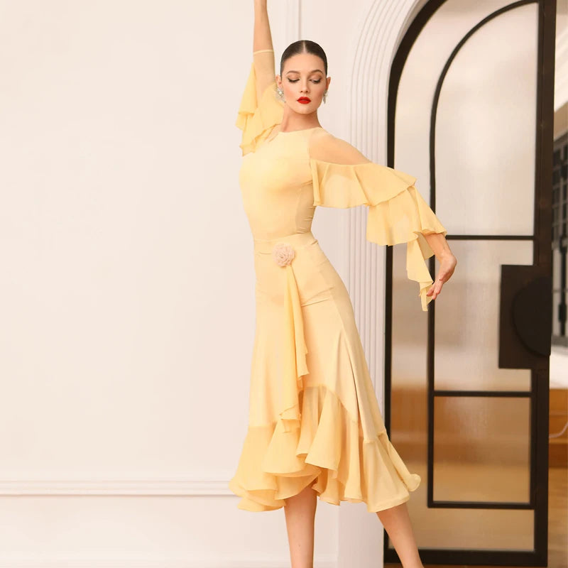 Ballroom Dance Dress Women's Yellow Mesh Ruffle Sleeve Asymmetrical Skirt, Ballroom Dance Dress Women's Black Mesh Ruffle Sleeve Asymmetrical Skirt