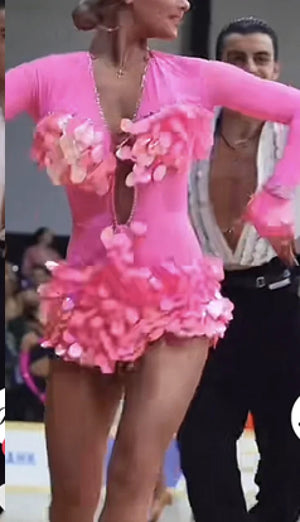 Women's Pink Sequin Deep V-Neck Long Sleeve Latin Dance Dress