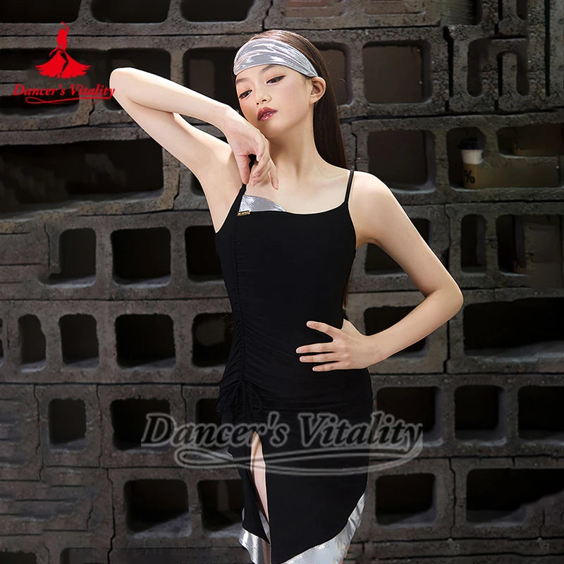 Dance Leotard, Girls White Shimmer Spaghetti Strap Ruched Side Dance Leotard with Light Blue Headband, Latin Dance