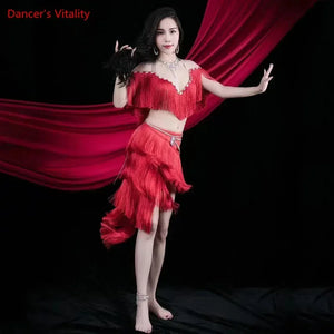 Women's Red Fringe Halter Top and Skirt Latin Dance Costume Set