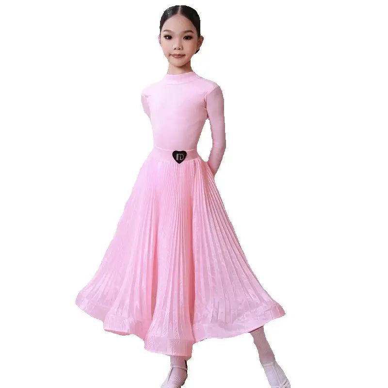 Girls Pink Long Sleeve Pleated Ballroom Dance Dress with Heart Logo