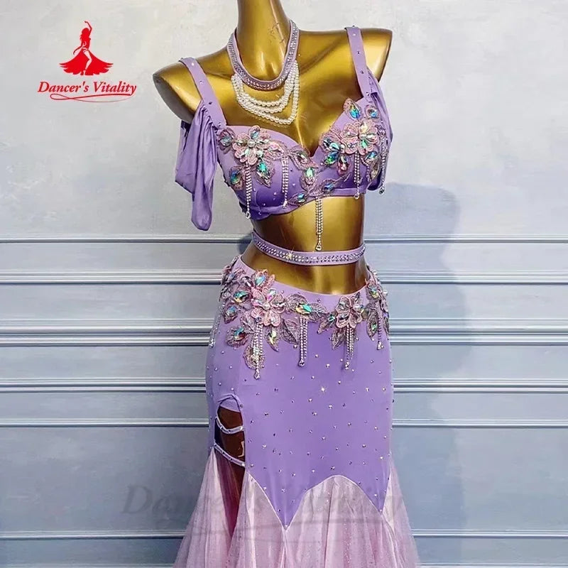 Women's Belly Dance Costume 2-Piece Set With Rhinestone Bra And Fishtail Skirt For Performance
