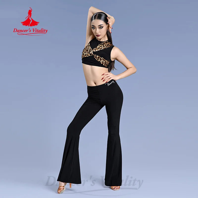 Dance Top and Pants Set Women's Black and Leopard Print Cropped Sleeveless Ruched Ballroom Latin Dancewear
