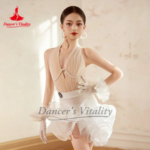 Women's Black & White Halter Neck Mesh Pearl Ruffle Latin Dance Dress