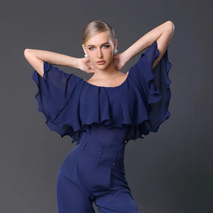 Women's Black Chiffon Off-Shoulder Ruffle Top & Wide-Leg Pants Latin Dancewear Set
