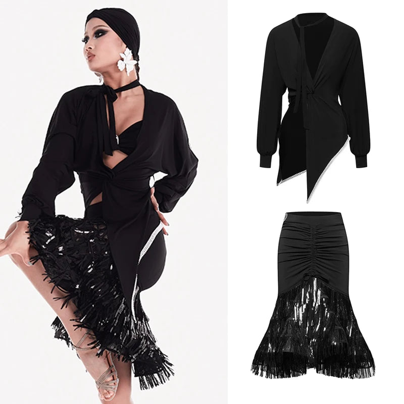 Latin Dance Dress Women's Black Long Sleeve Asymmetrical Top with Tie-Front, Ruched Fringe Sequin Skirt Set