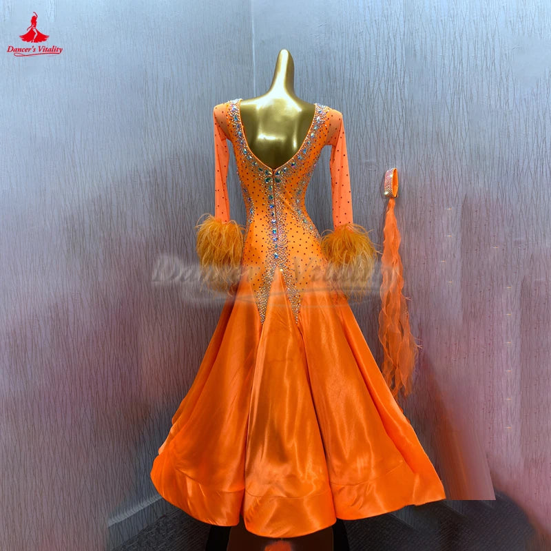 Adult Women's Standard Ballroom Dance Dress With Long Sleeves And Rhinestones In Orange For Competition