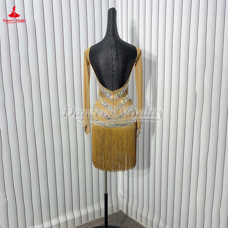 Women's Gold Rhinestone Fringe Latin Dance Dress - Open Back, Long Sleeve, Mesh Bodice