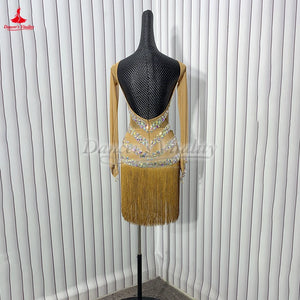 Women's Gold Rhinestone Fringe Latin Dance Dress - Open Back, Long Sleeve, Mesh Bodice