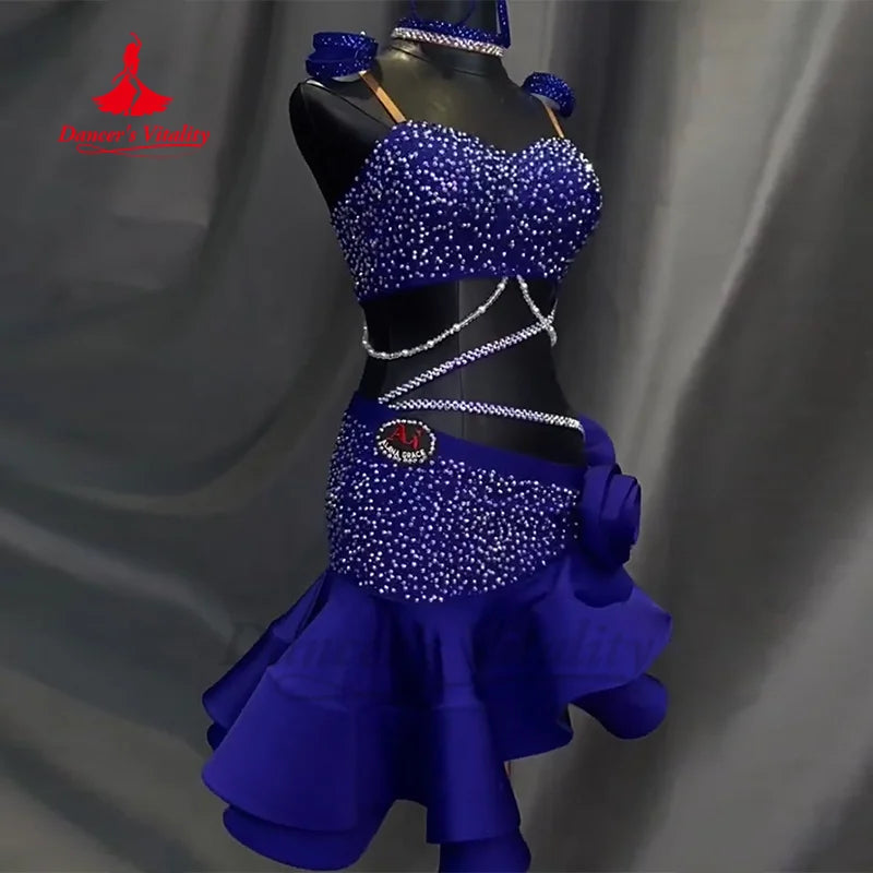 Women's & Girls' Latin Ballroom Dance Dress With AB Rhinestones and Fishtail Hem For Performance