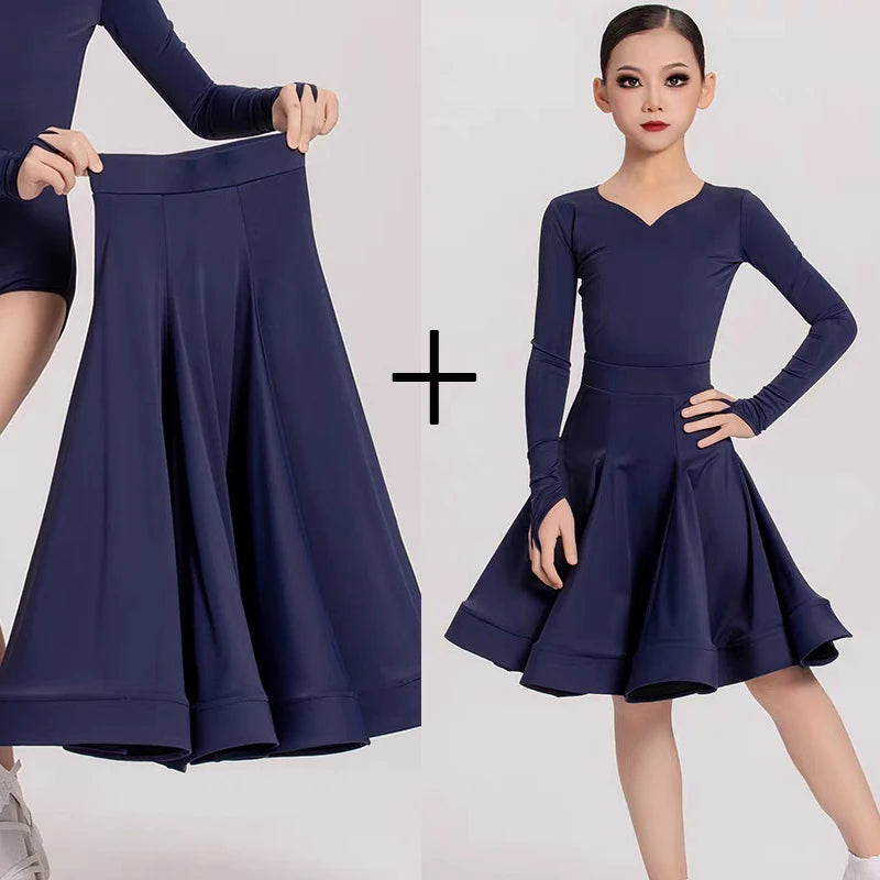Girls' Navy Blue Long Sleeve V-Neck Ballroom Latin Dance Dress with Finger Loops
