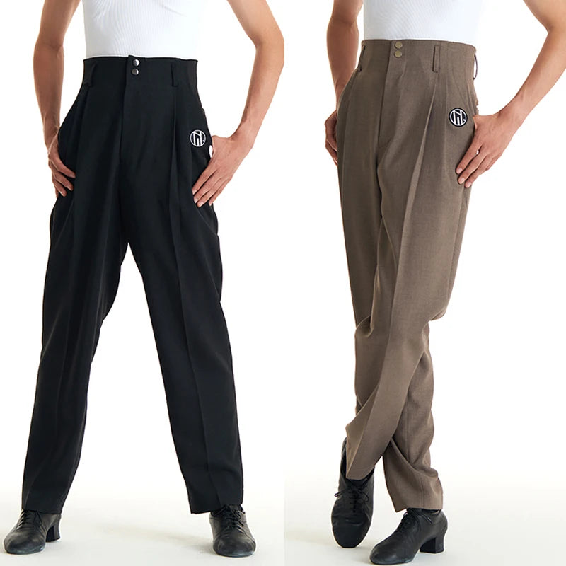 Men's Black and Brown High-Waisted Pleated Ballroom Dance Trousers
