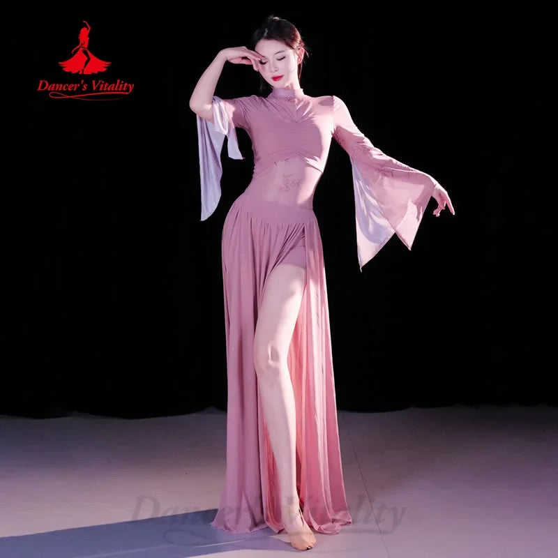 Women's Belly Dance Two-Piece Practice Set With Long-Sleeve Top And Long Tassel Skirt For Training