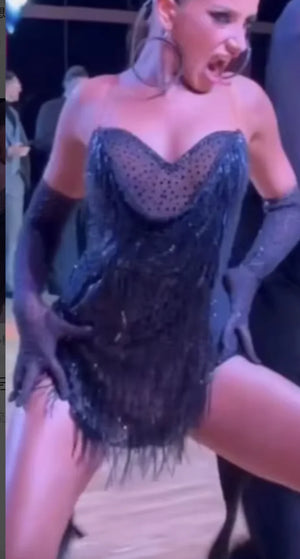 Women's Black Strapless Fringe Sequin Sheer Bodice Latin Dance Dress with Gloves