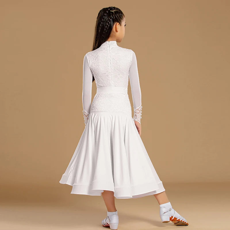 Girls White and Mint Green Lace Long Sleeve Ballroom Dance Dress