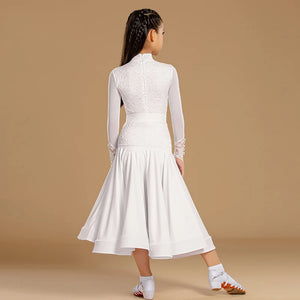 Girls White and Mint Green Lace Long Sleeve Ballroom Dance Dress