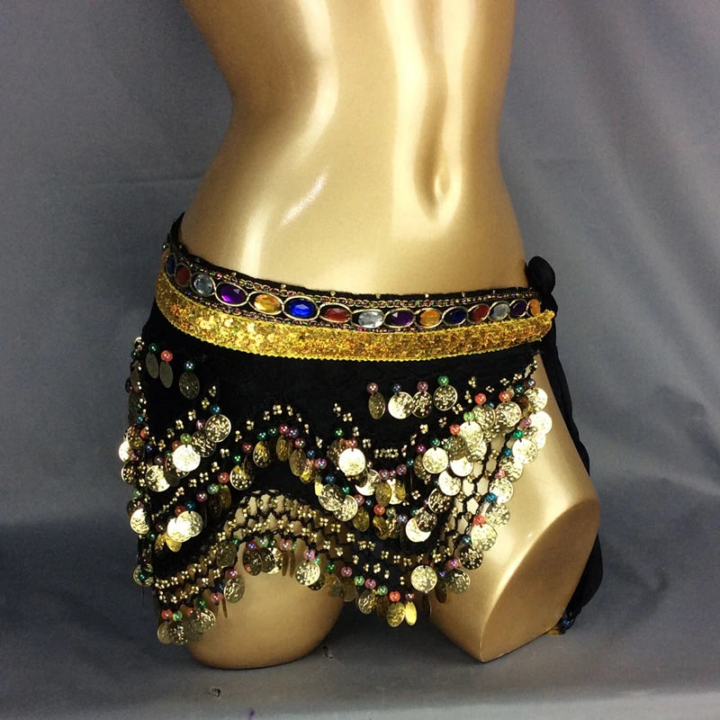 Belly Dance Hip Scarf, Women's Blue Gold Coin & Jewel Embellished Chiffon Waist Wrap, Tribal Fusion Bellydance