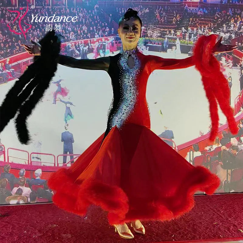 Women's Custom Competition Ballroom Dance Dress With Velvet Fabric For Performance