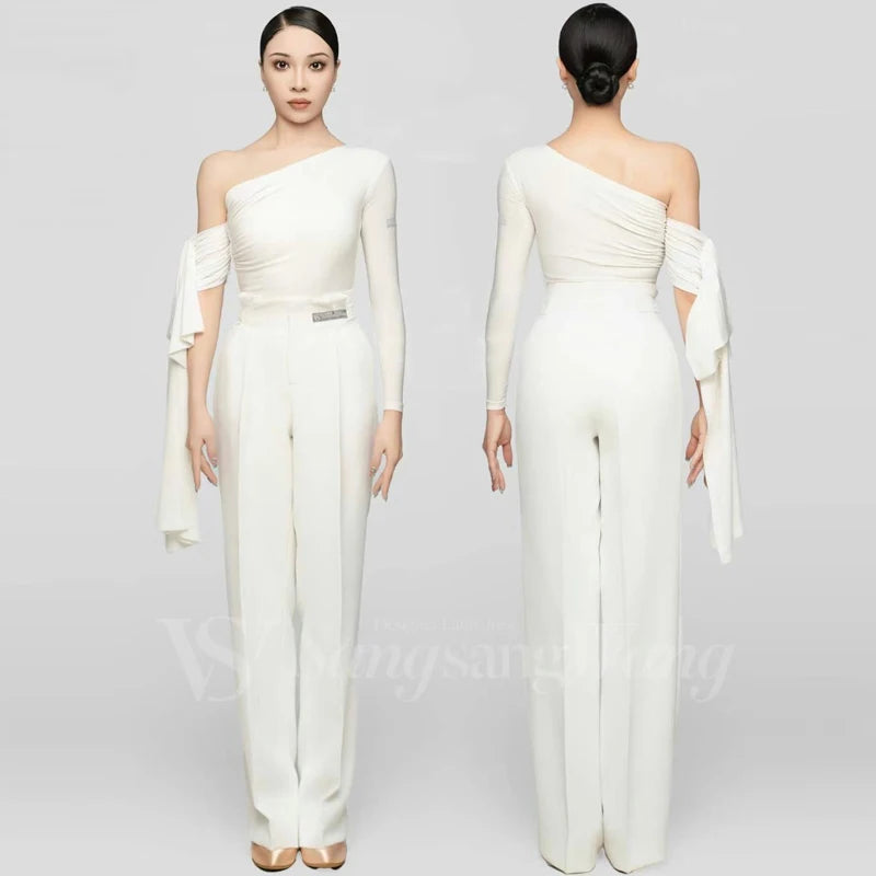 Women's Black & White One-Shoulder Ruched Latin Dance Dress with Flowing Sleeves