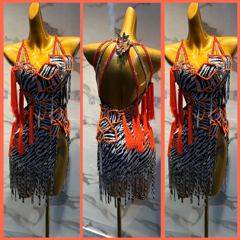Women's Black White Orange Zebra Print Beaded Tassel Fringe Latin Ballroom Dance Dress