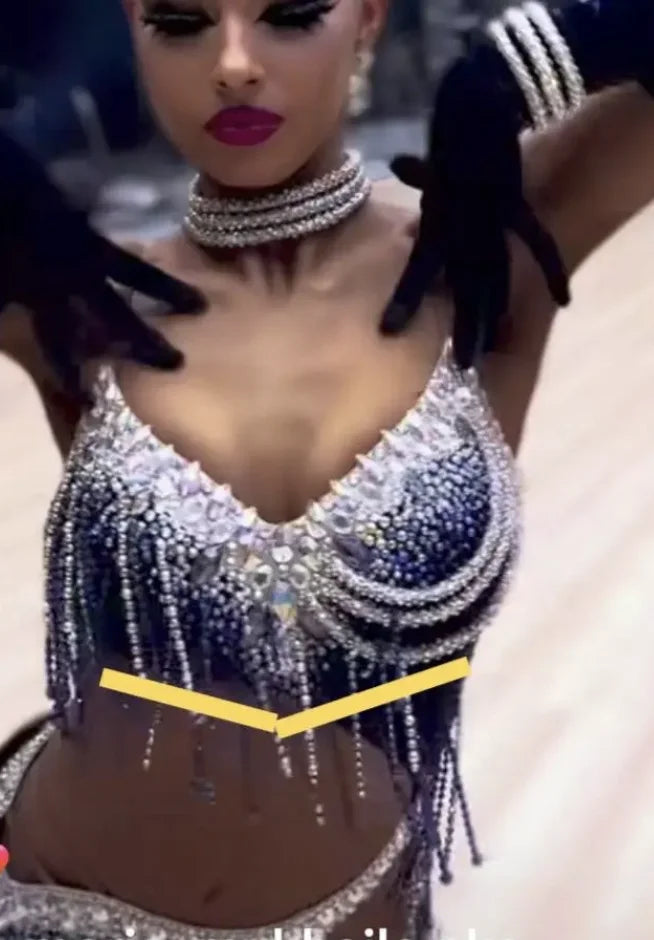 Women's Black & Silver Sequin Fringe Latin Ballroom Dance Dress