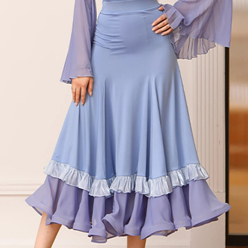 Women's Blue Mesh Bell Sleeve Ballroom Dance Dress with Satin Bow & Ruffled Hem