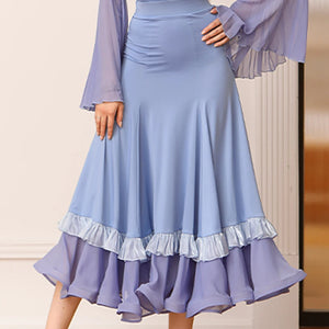 Women's Blue Mesh Bell Sleeve Ballroom Dance Dress with Satin Bow & Ruffled Hem