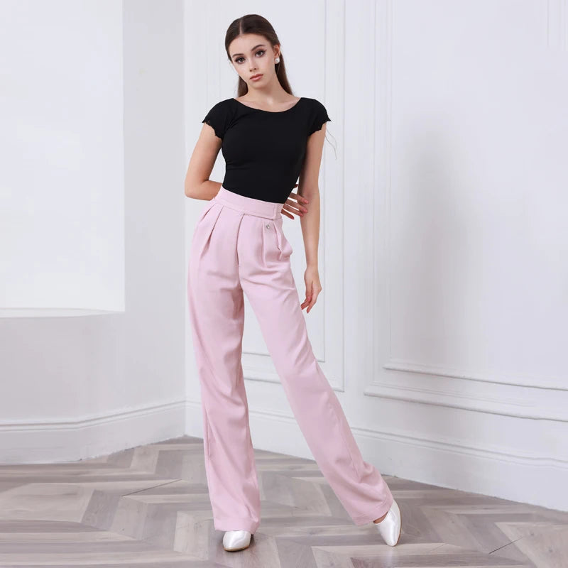 Women's Pink High-Waisted Wide Leg Ballroom Dance Pants