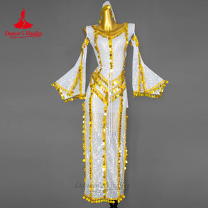 Women's Red Sequin & Gold Coin Belly Dance Dress with Hood