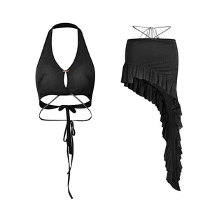 Women's Black Shimmer Halter Crop Top & Ruffled Asymmetrical Skirt Latin Dance Set, Women's Pink Shimmer Halter Crop Top & Ruffled Asymmetrical Skirt Latin Dance Set