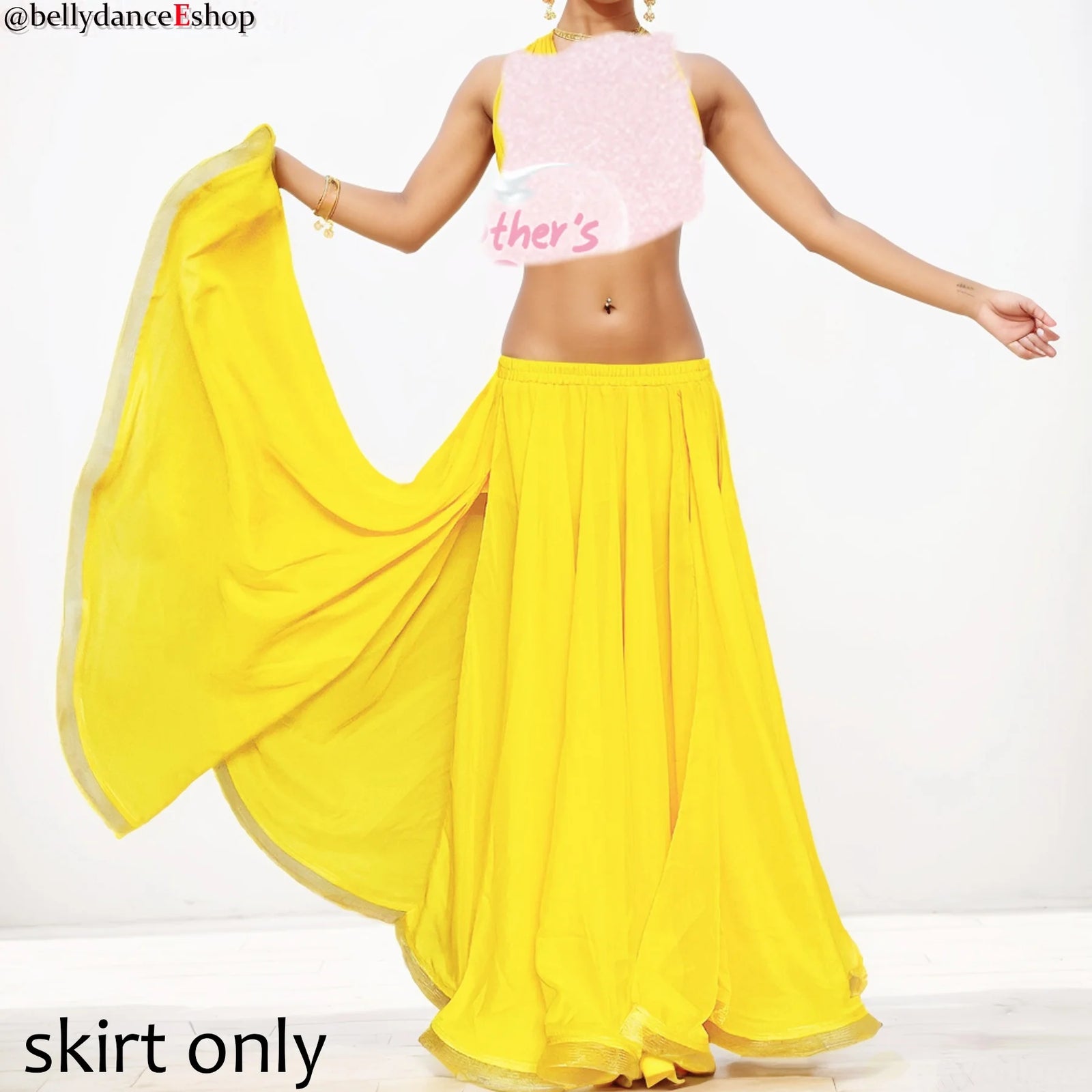 Belly Dance Women's Yellow Chiffon Full Circle Skirt with Gold Trim, Slit Design