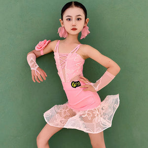 Girls Pink Lace Floral Mesh Latin Dance Dress with Arm Sleeves and Skirt Ruffle