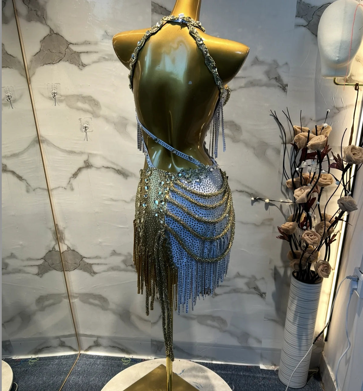 Women's Gold & White Fringe Sequin Latin Dance Dress with Cutouts