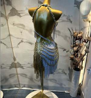 Women's Gold & White Fringe Sequin Latin Dance Dress with Cutouts