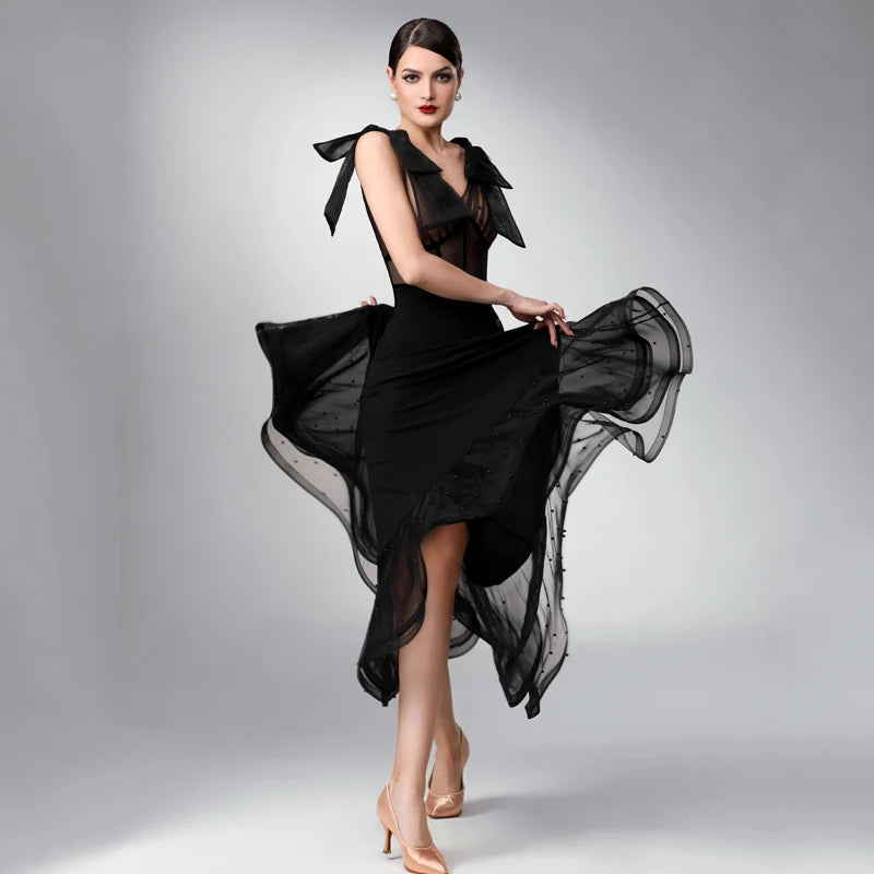 Women's Black Sheer Mesh & Bow Detail Ballroom Latin Rhythm Dance Dress with Beaded Hem