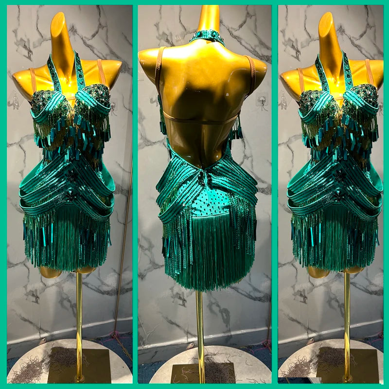 Latin Dance Dress Women's Teal Sequin Fringe Halter Backless Rumba Samba Cha-Cha Costume