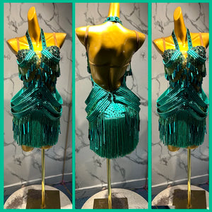 Latin Dance Dress Women's Teal Sequin Fringe Halter Backless Rumba Samba Cha-Cha Costume