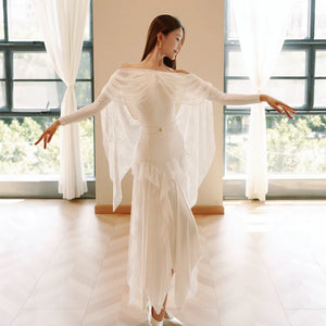 Women's White Off-Shoulder Long Sleeve Lace Ballroom Dance Dress with Asymmetrical Skirt