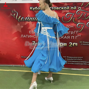 Girls' Blue Standard Ballroom Dance Dress with White Lace Applique & Chiffon Sleeves