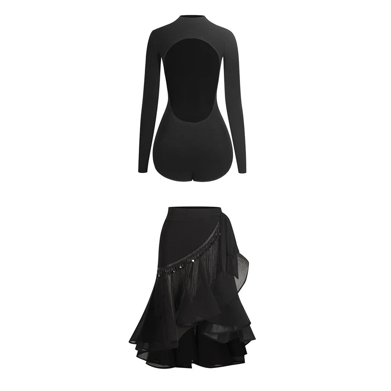 Women's Black Long Sleeve Mock Neck Open Back Leotard with Ruffled Tassel Latin Dance Skirt