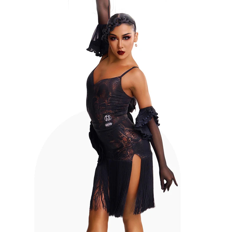 Women's Black & Bronze Snake Print Fringe Latin Dance Dress with Pleated Fan Detail