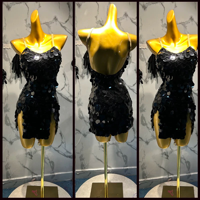 Women's Black Sequin Fringe Mini Latin Salsa Dance Dress