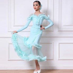 Ballroom Dance Dress Girls Black Off-Shoulder Ruffle Mesh Polka Dot Latin Dance Dress, Ballroom Dance Dress Girls Light Blue Off-Shoulder Ruffle Mesh Latin Dance Dress