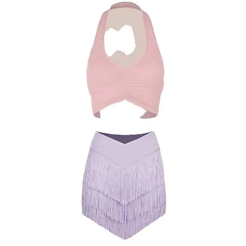 Women's Halter Neck Ruched Crop Top & Layered Fringe Latin Dance Skirt Set