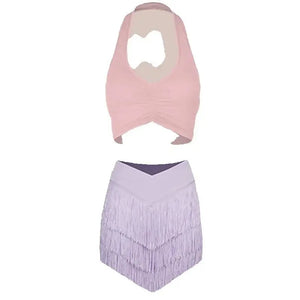 Women's Halter Neck Ruched Crop Top & Layered Fringe Latin Dance Skirt Set