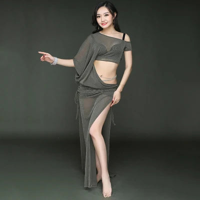 Women's Belly Dance Long Dress Costume With Short Sleeves For Performance