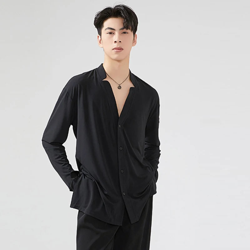Men's Black Loose Fit V-Neck Long Sleeve Shirt for Ballroom Dance